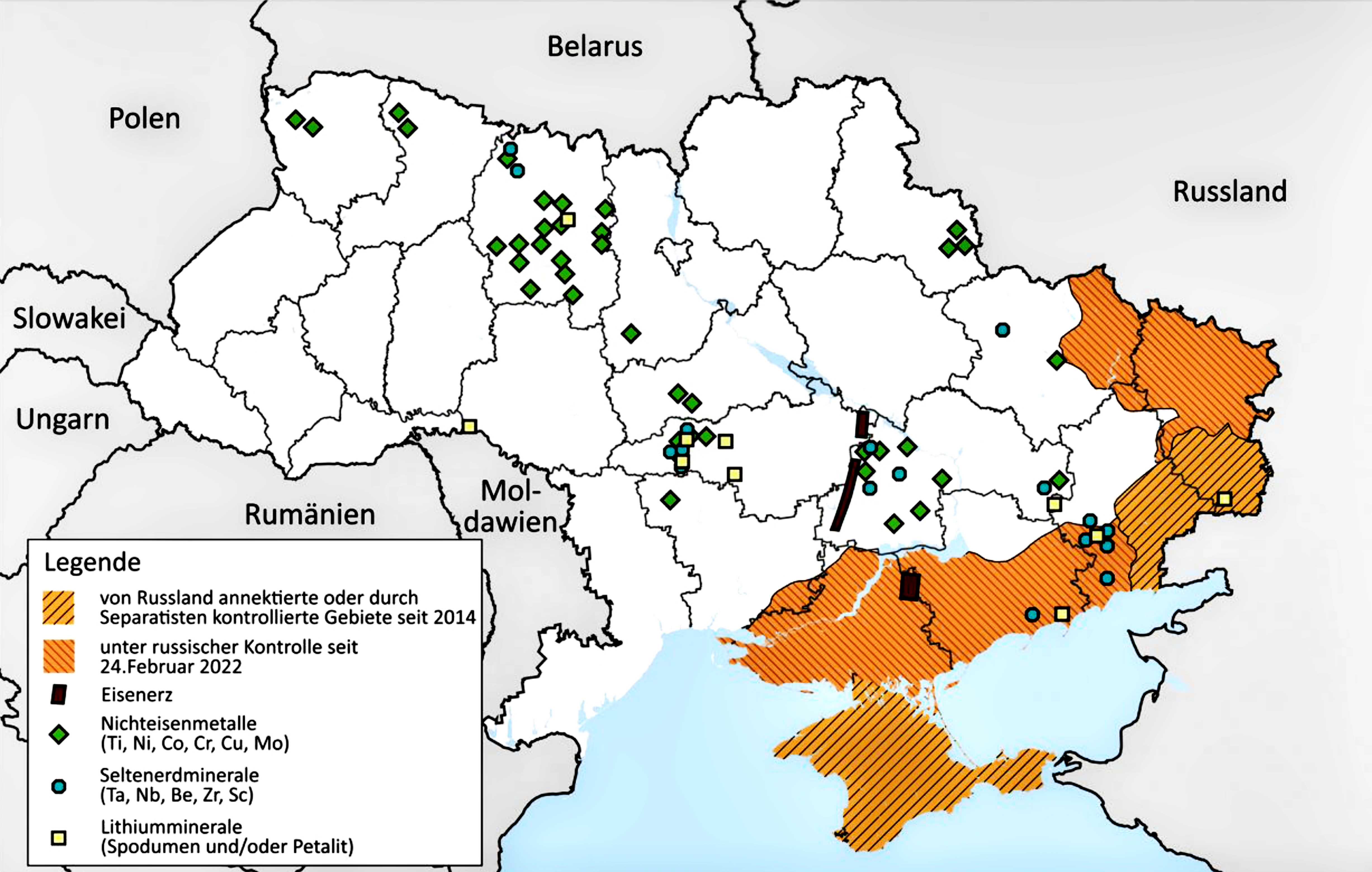 Eine Karte der Ukraine, in der Rohstoffvorkommen eingezeichnet sind. Die Rohstoffe sind nun Teil des Siegesplans der Ukraine.