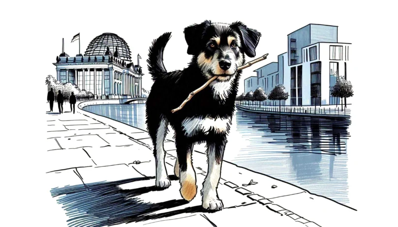 Ein Hund am Reichstagufer mit einem Stock. Gezeichnet (Illustration)