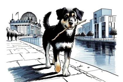 Ein Hund am Reichstagufer mit einem Stock. Gezeichnet (Illustration)