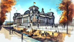 Rendering – Reichstag im Sommer. Arbeiter heben einen Graben aus