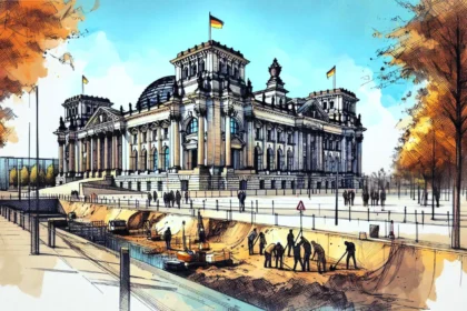 Rendering – Reichstag im Sommer. Arbeiter heben einen Graben aus