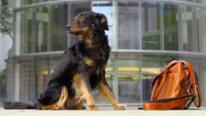 Hund Pius mit Tasche am Paul-Löbe-Haus