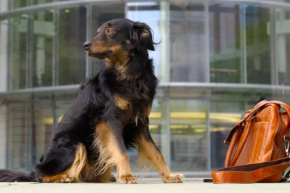 Hund Pius mit Tasche am Paul-Löbe-Haus