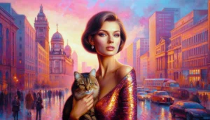a women with her cat in a urban enironment