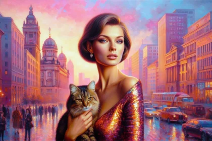 a women with her cat in a urban enironment