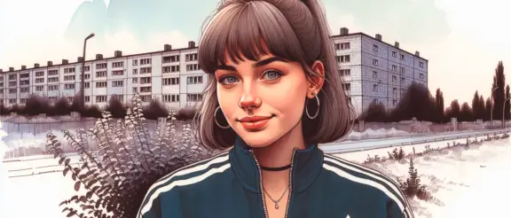 Russin im Trainingsanzug in Ost-Berlin mit Plattenbau. Gemalt
