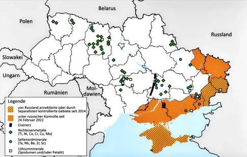 Eine Karte der Ukraine, in der Rohstoffvorkommen eingezeichnet sind. Die Rohstoffe sind nun Teil des Siegesplans der Ukraine. 