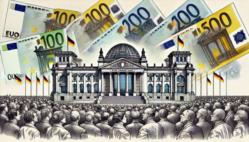 cinemascope (805x460 px) Illustration Reichstag / Bundestag mit Volk und Geld