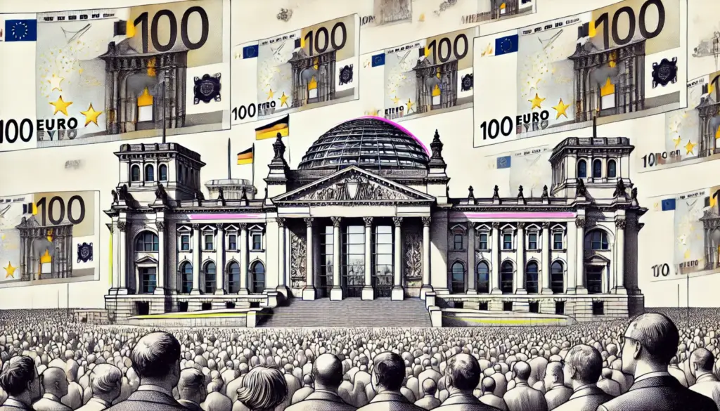 Illustration Reichstag / Bundestag mit Volk und Geldscheinen