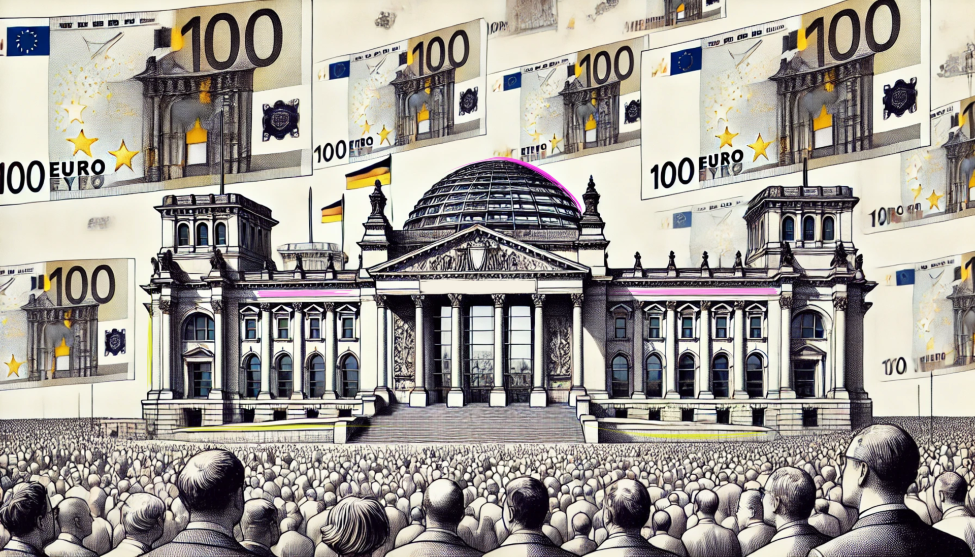 header-sehr-gross (1920x1097 px) Illustration Reichstag / Bundestag mit Volk und Geldscheinen