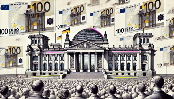 header-mobil (576x329 px) Illustration Reichstag / Bundestag mit Volk und Geldscheinen