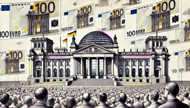 cinemascope (805x460 px) Illustration Reichstag / Bundestag mit Volk und Geldscheinen
