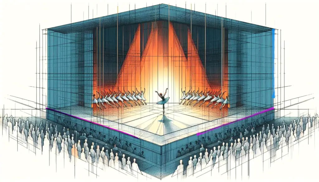Corps-de-Ballet rahmt einen Solisten auf einer Bühne mit Schau-Publikum