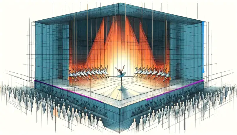 cinemascope (805x460 px) Corps-de-Ballet rahmt einen Solisten auf einer Bühne mit Schau-Publikum