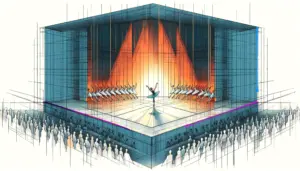 Corps-de-Ballet rahmt einen Solisten auf einer Bühne mit Schau-Publikum
