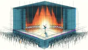 medium-width (300x171 px) Corps-de-Ballet rahmt einen Solisten auf einer Bühne mit Schau-Publikum