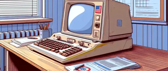 Altmodischer Computer in einer Behörde auf einem Sperrholzschreibtisch - Dall-E 3
