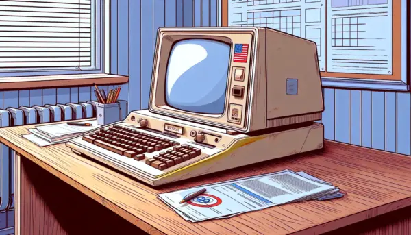 Altmodischer Computer in einer Behörde auf einem Sperrholzschreibtisch - Dall-E 3